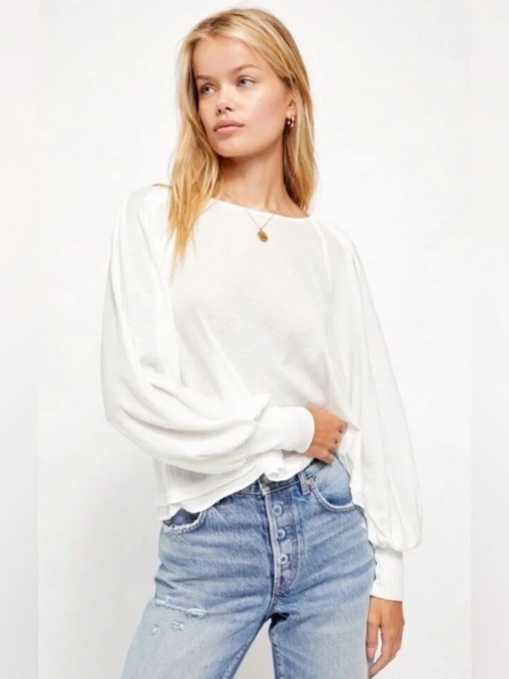 FREE PEOPLE Billie White Puff Sleeve Ribbed Pleated‎ Top S